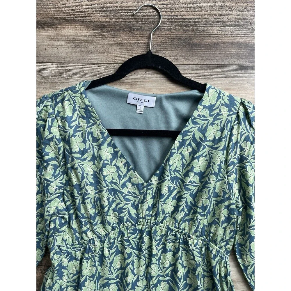 New Gilli Dress Blue Green Leaf-Print V-Neck Maxi Boho Dress Medium Rayon Lined - Picture 3 of 7
